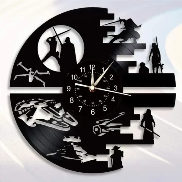 Science Fiction Movie Theme Clock Vinyl Record Wall Clock LED Night Light Home Decoration 7 Color Nightlight Wall Clock Boy Gift – Without LED 7 Wall clock with sci-fi figures and vehicle silhouettes carved into a black circular design, displaying time with white numbers and hands.