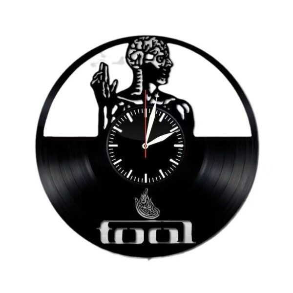 Skeletal Brain Wall Clock 5 Introducing the Skeletal Brain Wall Clock: a unique timepiece featuring a vinyl record design with the silhouette of a person displaying a raised hand and visible brain, complemented by the word "tool" beneath and striking red clock hands.