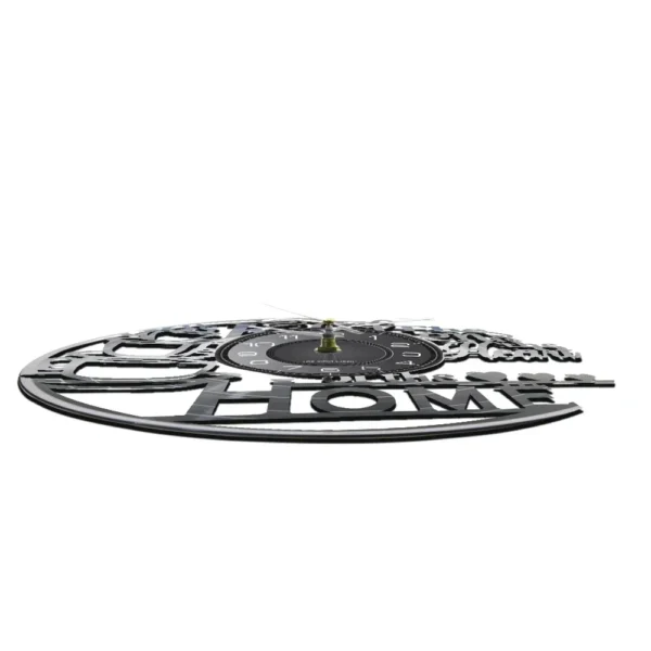 The Kitchen The Heart of The Home Inspired Vinyl Record Clock Modern Design Vinyl Wall Watch Kitchen Decor Noiseless Timepieces 4 A stylized metal wall clock with a tree silhouette and the word "home" integrated into the design. The clock face is circular with minute and hour hands.
