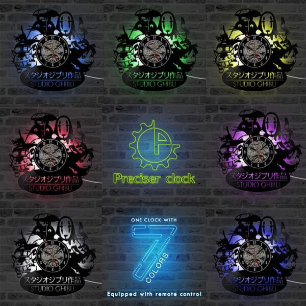 Totoro Studio Ghibli Clock 1 Collage of clocks featuring Studio Ghibli designs in seven different colors, labeled as "Preciser clock" with a remote control feature.