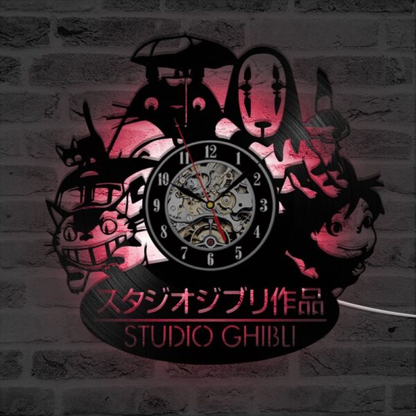Totoro Studio Ghibli Clock 2 Wall clock featuring Studio Ghibli characters and logo, with gears visible behind clock hands, mounted on a brick wall.