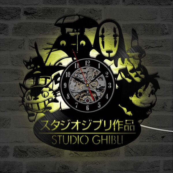 Totoro Studio Ghibli Clock 4 Studio Ghibli-themed clock with character silhouettes around a mechanical clock face.