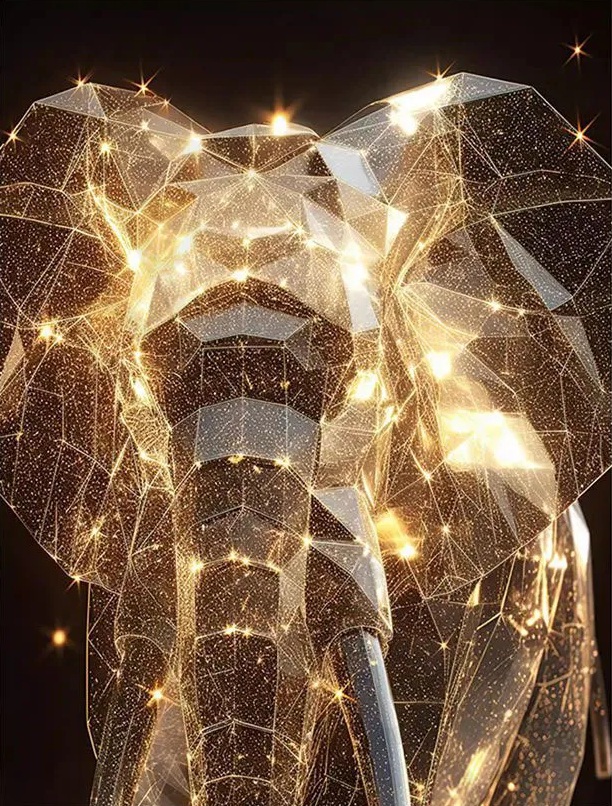 The Elephant Wall Light is a sparkling geometric sculpture of an elephant, featuring golden illumination against a dark backdrop.