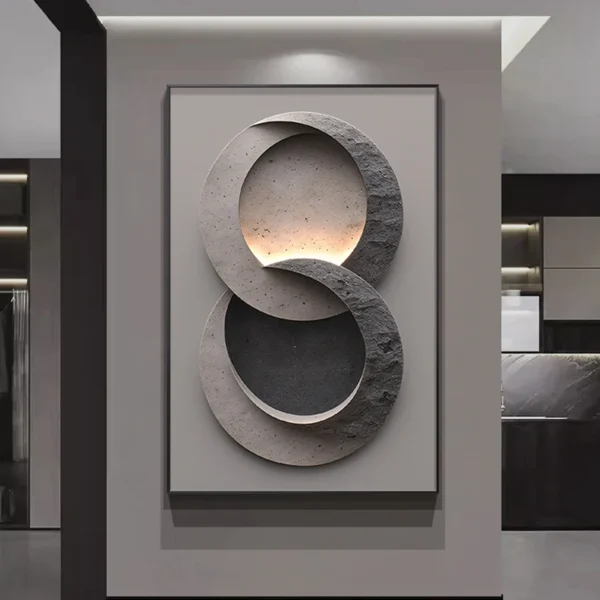 Modern Luxury LED Wall Lamp With Simple Texture Style Foyer Living Room Decoration Luminous Corridor Hanging Mural Lights 3 Wall art with overlapping circular shapes in grey tones, mounted on a beige wall in a modern interior.