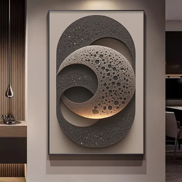 Modern Luxury LED Wall Lamp With Simple Texture Style Foyer Living Room Decoration Luminous Corridor Hanging Mural Lights 4 A framed artwork features layered, textured circular shapes with a perforated design, creating a three-dimensional effect on a wall.