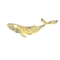 Illustration of a golden, shimmering whale swimming to the left on a white background.