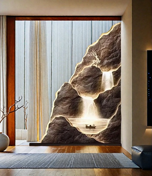 The Mountain Wall Light features illuminated stone with carved waterfalls and a small boat, complemented by landscape lighting. It enhances a room adorned with a rug and floor-to-ceiling window.