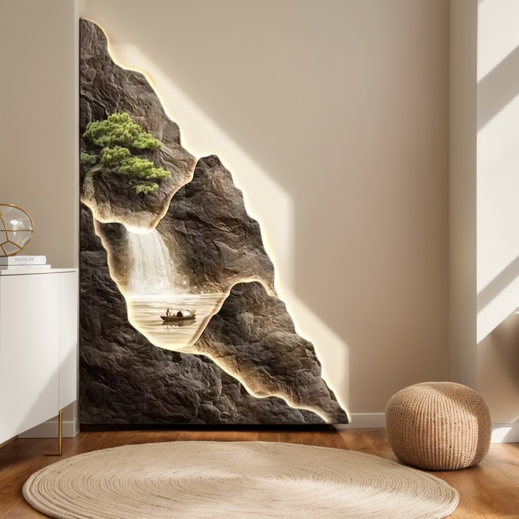 Wall art featuring a waterfall and sunlit trees on a beige wall, complemented by the gentle glow of the Mountain Wall Light, sits beside a white cabinet and round pouf.