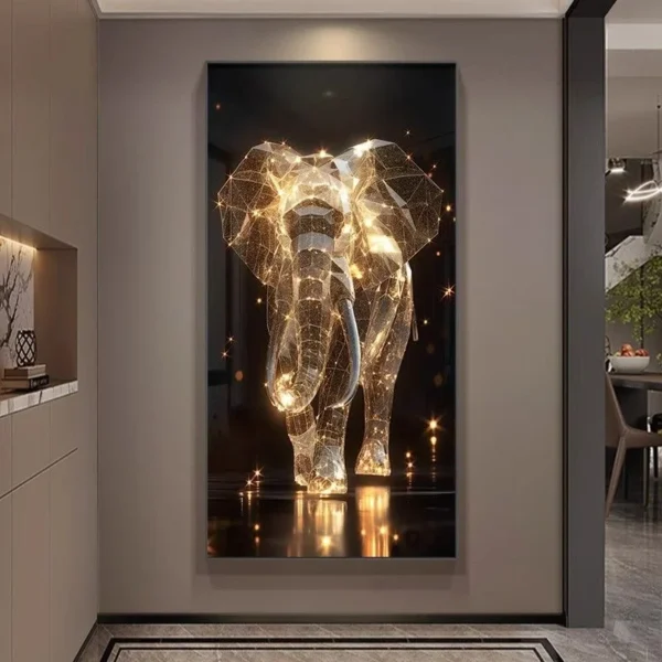 New Modern Light Luxury Living Room Decoration Painting Lamp, Elephant Hanging Painting High-end Wall Lamp With Remote Control 2 A large wall art piece depicting a glowing geometric elephant with a reflective surface, displayed in a modern interior space.