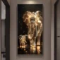 A digital artwork featuring two glowing, wireframe elephants walking on a dark background, emitting golden light.