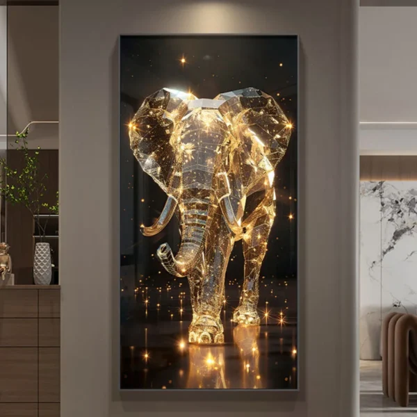 New Modern Light Luxury Living Room Decoration Painting Lamp, Elephant Hanging Painting High-end Wall Lamp With Remote Control 4 A glowing, faceted elephant sculpture emits a warm, golden light, displayed in a modern interior setting.