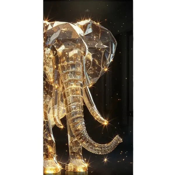 New Modern Light Luxury Living Room Decoration Painting Lamp, Elephant Hanging Painting High-end Wall Lamp With Remote Control 5 A sparkling, faceted crystal sculpture of an elephant, gleaming with golden light against a dark background.