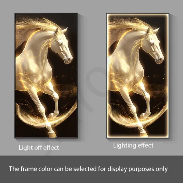 White Horse Hanging Lamps Entrance Decoration Paintings Corridor Murals Light Luxury Modern Simplicity Led Lighting Paintings – B 7 Two images of a horse: the left shows light off with a dark background, and the right shows a lighting effect with a glowing frame. Text below describes frame color options for display purposes.