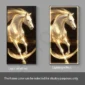 Two images of a horse: the left shows light off with a dark background, and the right shows a lighting effect with a glowing frame. Text below describes frame color options for display purposes.