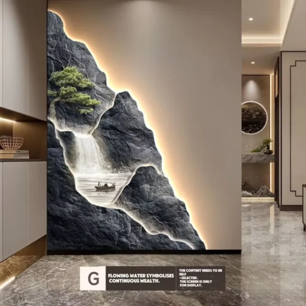 2024 New Flow Generating Wealth, Entrance Decoration Painting, High end Corridor Mural, Landscape Hanging Painting – G 13 Wall art with illuminated waterfall and boat scene, set in a modern interior with marble floor and decorative elements.
