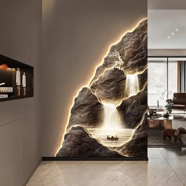 2024 New Flow Generating Wealth, Entrance Decoration Painting, High end Corridor Mural, Landscape Hanging Painting 3 Wall art depicts a glowing, illuminated waterfall on a rock surface in a modern living room setting.