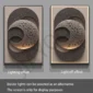 Two decorative wall panels featuring crescent moon designs with lighting effects demonstrated; left panel lit, right panel unlit. Text below highlights lighting options and display purpose.