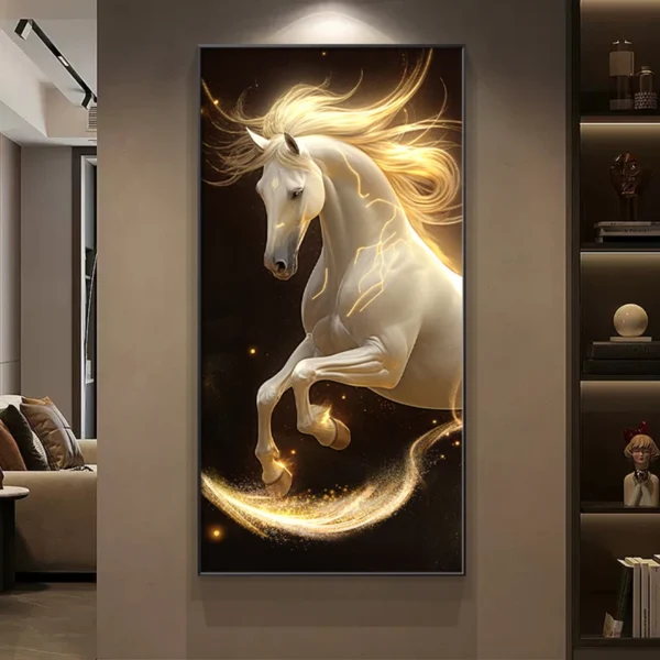 White Horse Hanging Lamps Entrance Decoration Paintings Corridor Murals Light Luxury Modern Simplicity Led Lighting Paintings 3 A painting of a white horse with flowing mane and glowing accents, depicted mid-gallop in a dynamic pose on a dark background, displayed on a wall in a modern room.