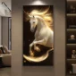 A painting of a white horse with flowing mane and glowing accents, depicted mid-gallop in a dynamic pose on a dark background, displayed on a wall in a modern room.