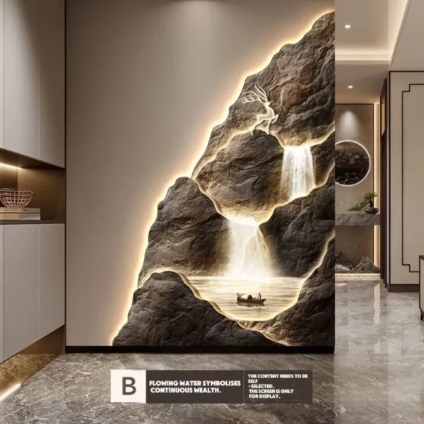 2024 New Flow Generating Wealth, Entrance Decoration Painting, High end Corridor Mural, Landscape Hanging Painting – B 8 Wall with a glowing mural of a mountain and waterfalls, featuring a small boat on water. Text at the bottom discusses the symbolism of flowing water for continuous health.