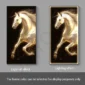 Two images of a glowing horse in a frame. Left: Light off effect. Right: Lighting effect. Background text: "The frame color can be selected for display purposes only.