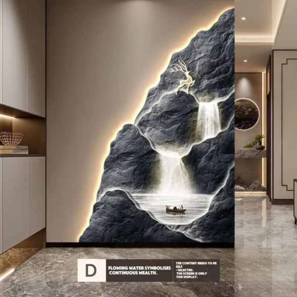 2024 New Flow Generating Wealth, Entrance Decoration Painting, High end Corridor Mural, Landscape Hanging Painting – D 10 Modern interior with a wall featuring a backlit mural of a waterfall, stag, and boat on a rocky background; marble floor and muted tones.