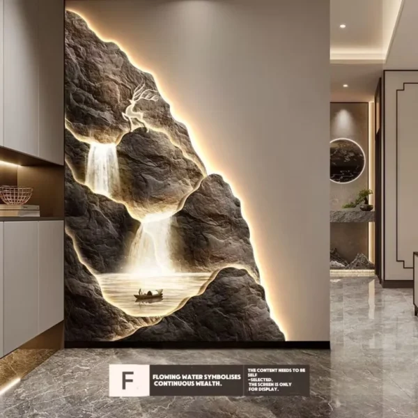 2024 New Flow Generating Wealth, Entrance Decoration Painting, High end Corridor Mural, Landscape Hanging Painting – F 12 A modern interior with a large illuminated wall art depicting flowing waterfalls over rocks. A tiny boat is at the base. Text at the bottom reads: "Flowing water symbolizes continuous wealth.