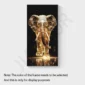 Geometric elephant art with gold tones on a black background, framed. Text notes the frame color needs selection and it's for display purposes.