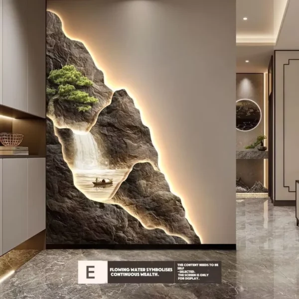 2024 New Flow Generating Wealth, Entrance Decoration Painting, High end Corridor Mural, Landscape Hanging Painting – E 11 Wall design featuring a backlit landscape with a rocky waterfall and greenery, displayed in a modern interior with marble flooring and minimalistic decor.