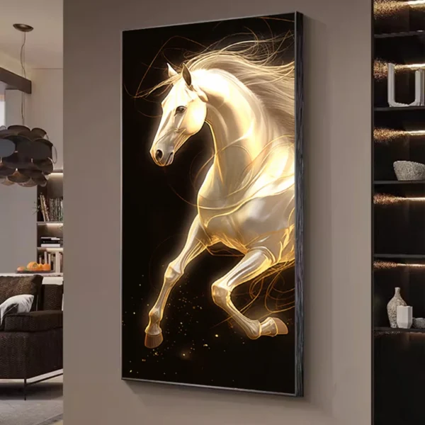 White Horse Hanging Lamps Entrance Decoration Paintings Corridor Murals Light Luxury Modern Simplicity Led Lighting Paintings 4 A framed painting of a luminous white horse in motion is displayed on a wall in a dimly lit room.