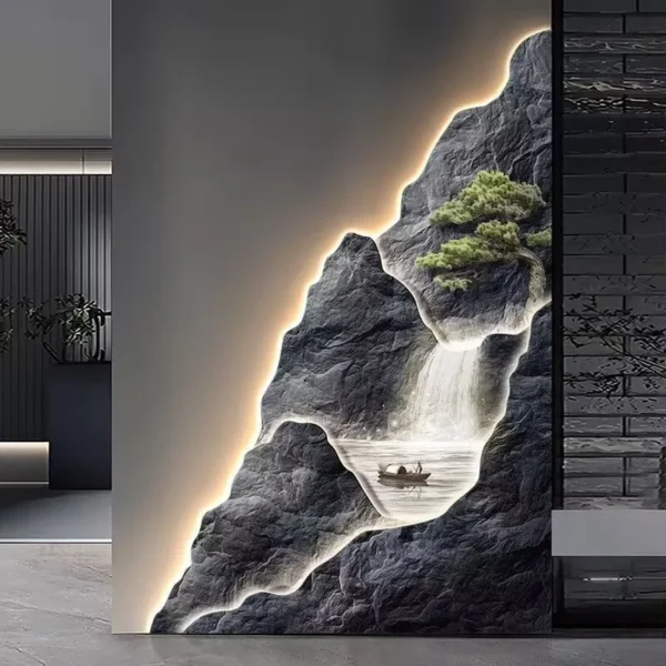 2024 New Flow Generating Wealth, Entrance Decoration Painting, High end Corridor Mural, Landscape Hanging Painting 2 Wall art featuring an illuminated rocky landscape with a small waterfall, a boat on water, and a tree.