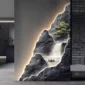 Wall art featuring an illuminated rocky landscape with a small waterfall, a boat on water, and a tree.