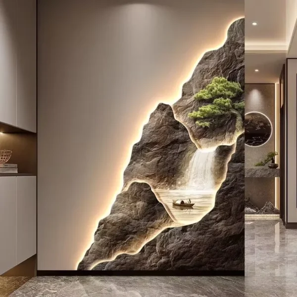 2024 New Flow Generating Wealth, Entrance Decoration Painting, High end Corridor Mural, Landscape Hanging Painting 4 Illuminated wall art depicts a mountain scene with a waterfall and a boat, featuring ambient lighting.