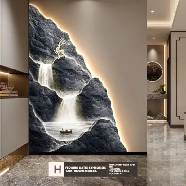 2024 New Flow Generating Wealth, Entrance Decoration Painting, High end Corridor Mural, Landscape Hanging Painting – H 14 Illuminated wall mural depicting a majestic mountain waterfall with a lone boat on calm water, adding serene ambiance to a modern interior space.