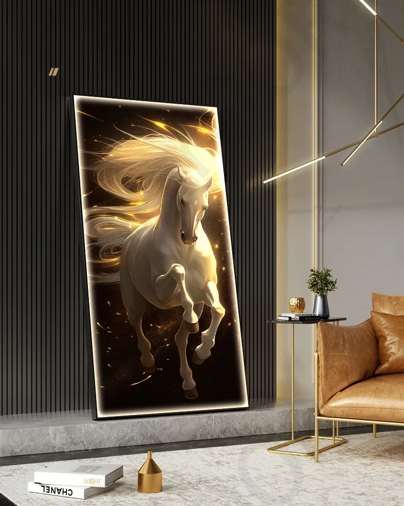 A Hose Wall Light complements the modern living room, featuring a framed dynamic white horse on a dark striped wall, alongside a tan leather chair and a small plant on a glass table.