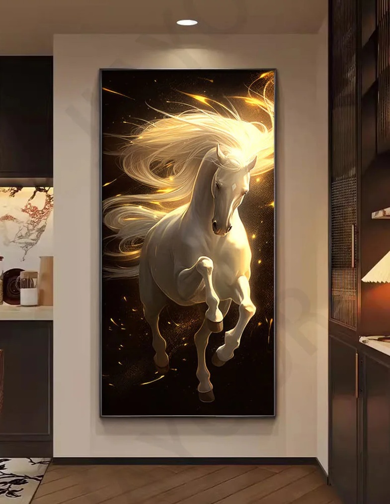 A framed painting of a galloping white horse with a flowing mane, highlighted by Hose Wall Light accents, is beautifully displayed on the wall of a cozy room.