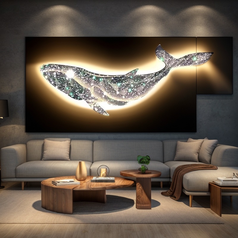 Illuminated whale wall art with a starry pattern above a beige couch and wooden coffee tables in a modern living room.