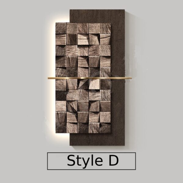 Modern LED Crystal Porcelain Luxury Wall Lamp For Indoor Living Room Corridor Hallway Kitchen Home Decoration Create Mural Light – D 10 Decorative wall panel labeled "Style D," featuring a geometric pattern of square wooden blocks with a horizontal metal accent.
