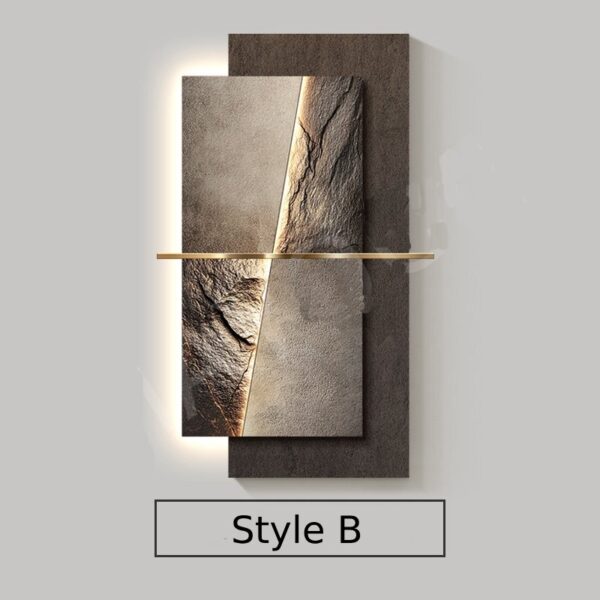 Modern LED Crystal Porcelain Luxury Wall Lamp For Indoor Living Room Corridor Hallway Kitchen Home Decoration Create Mural Light – B 8 Decorative wall panel with a textured, abstract design and layered brown slate-like elements. A thin gold horizontal line divides the panel. Labeled "Style B.
