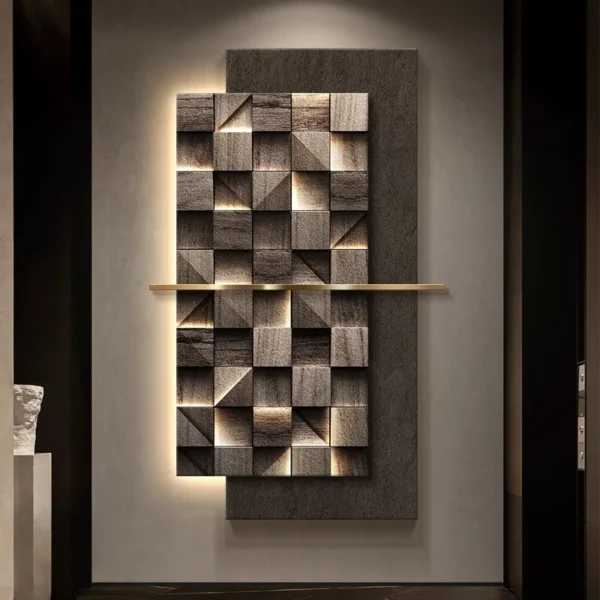 Modern LED Crystal Porcelain Luxury Wall Lamp For Indoor Living Room Corridor Hallway Kitchen Home Decoration Create Mural Light 2 A geometric wall art piece with textured, illuminated square and rectangular patterns, featuring subtle lighting and a modern, minimalist design.