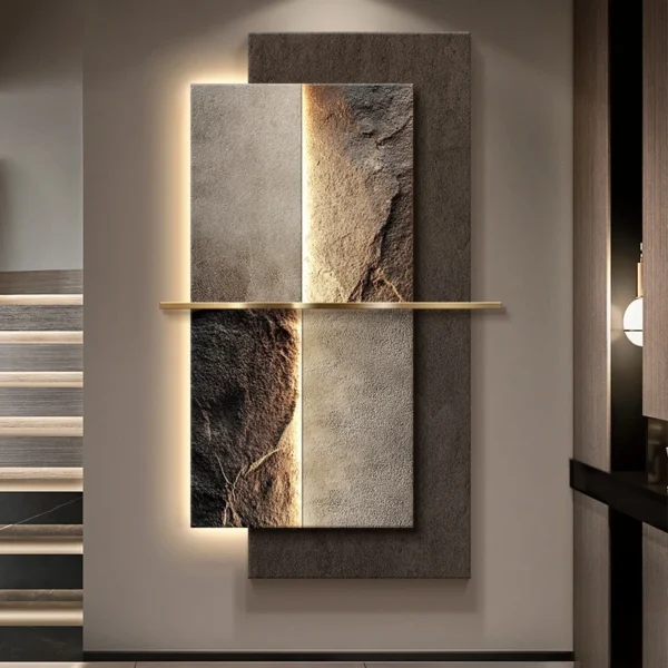 Modern LED Crystal Porcelain Luxury Wall Lamp For Indoor Living Room Corridor Hallway Kitchen Home Decoration Create Mural Light 4 Abstract wall art with a textured, layered design and soft lighting. The piece features a vertical division with subtle earth tones, mounted on a stairwell wall.