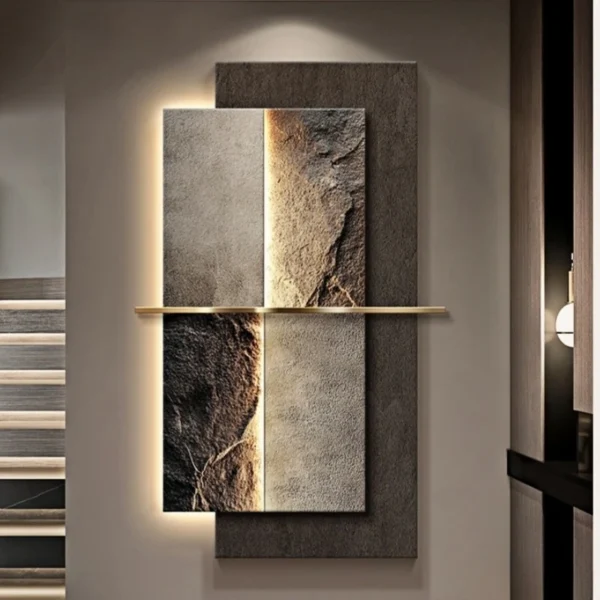 Modern LED Crystal Porcelain Luxury Wall Lamp For Indoor Living Room Corridor Hallway Kitchen Home Decoration Create Mural Light 5 A textured wall art piece with layered panels, divided by a horizontal line, is lit by ambient lighting.