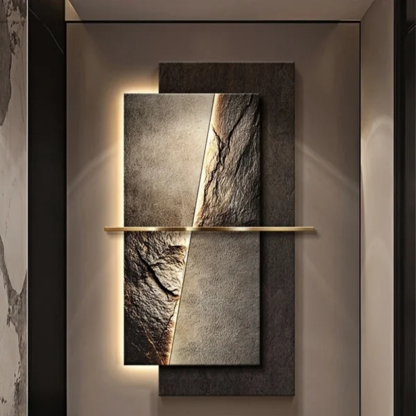 Modern LED Crystal Porcelain Luxury Wall Lamp For Indoor Living Room Corridor Hallway Kitchen Home Decoration Create Mural Light 3 A modern wall art installation featuring two rectangular panels with textured, stone-like surfaces and a horizontal metallic bar across the center. The backlighting highlights the textures.