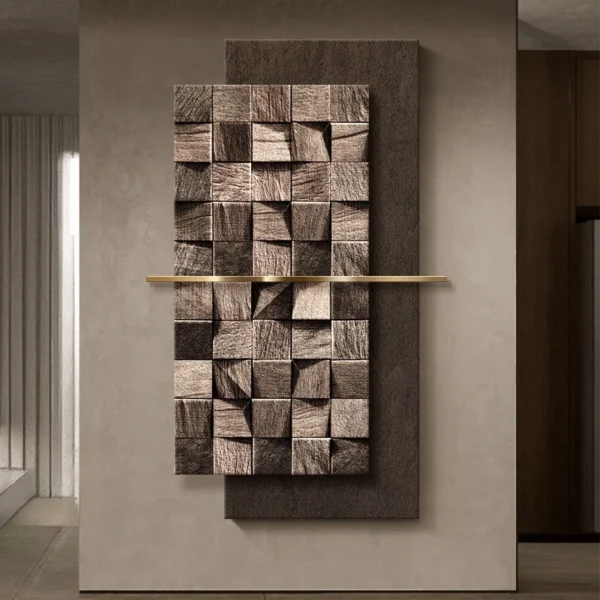 Modern LED Crystal Porcelain Luxury Wall Lamp For Indoor Living Room Corridor Hallway Kitchen Home Decoration Create Mural Light 6 Abstract wall art featuring a textured wooden panel with uneven square patterns, mounted on a dark rectangular background, and intersected by a horizontal gold bar.