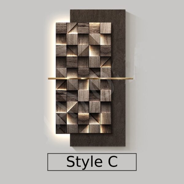 Modern LED Crystal Porcelain Luxury Wall Lamp For Indoor Living Room Corridor Hallway Kitchen Home Decoration Create Mural Light – C 9 Geometric textured wall panel with a wooden checkerboard pattern and ambient backlighting. Marked "Style C.