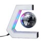 A small globe floats and spins inside a C-shaped magnetic levitation stand with built-in LED lights.